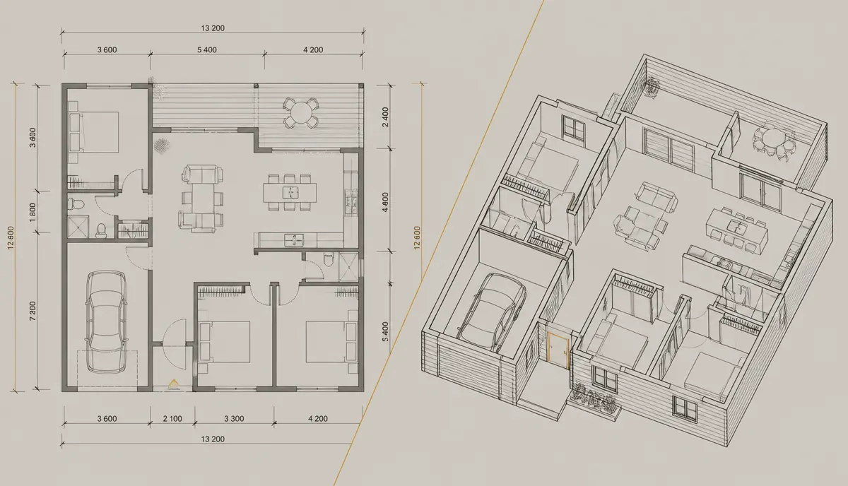 Ilustración técnica dividida en diagonal: a un lado un plano 2D acotado y al otro el modelo 3D alámbrico del mismo edificio.