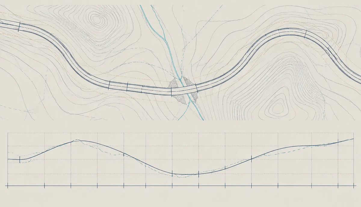 Ilustración técnica de un trazo vial en planta: eje de alineamiento con curvas horizontales, marcas de estacionamiento, curvas de nivel del terreno y, abajo, un perfil longitudinal con su rasante.