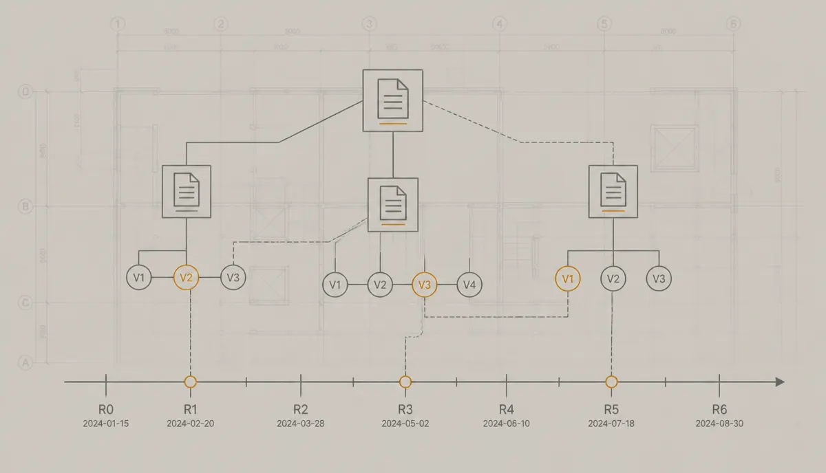 Diagrama abstracto de gestión de datos de proyecto: nodos de documentos y versiones conectados sobre una línea de tiempo de revisiones, con un plano técnico muy tenue de fondo.