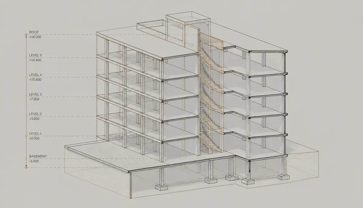 Ilustración técnica de un edificio en vista isométrica dibujado como estructura alámbrica, con losas de entrepiso, columnas, núcleo de circulación y un corte que revela los niveles interiores.