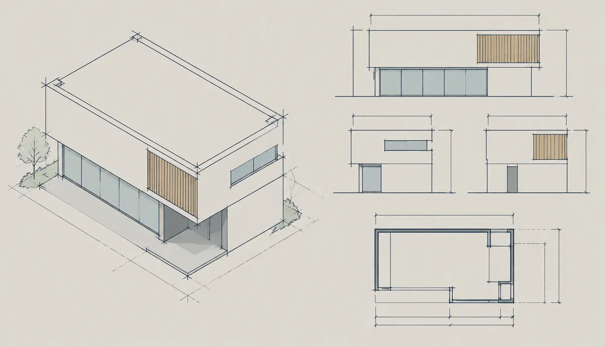 Ilustración técnica de un volumen arquitectónico simple en axonometría dibujado con líneas que se pasan en las esquinas, junto a una lámina de presentación con el mismo volumen acotado en 2D.