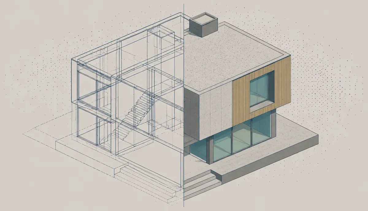 Ilustración técnica de un volumen arquitectónico en axonometría partido en dos estados: una mitad alámbrica y la otra con sombreado y materiales, sobre una nube de puntos tenue de fondo.
